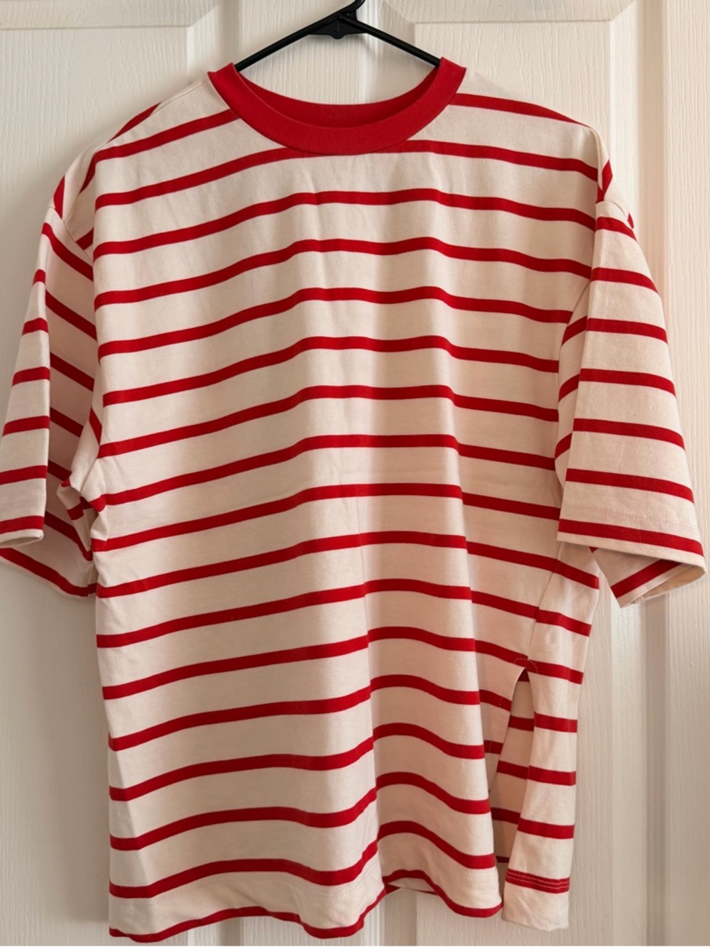 Zara Cream Tee with Red Horizontal Stripes